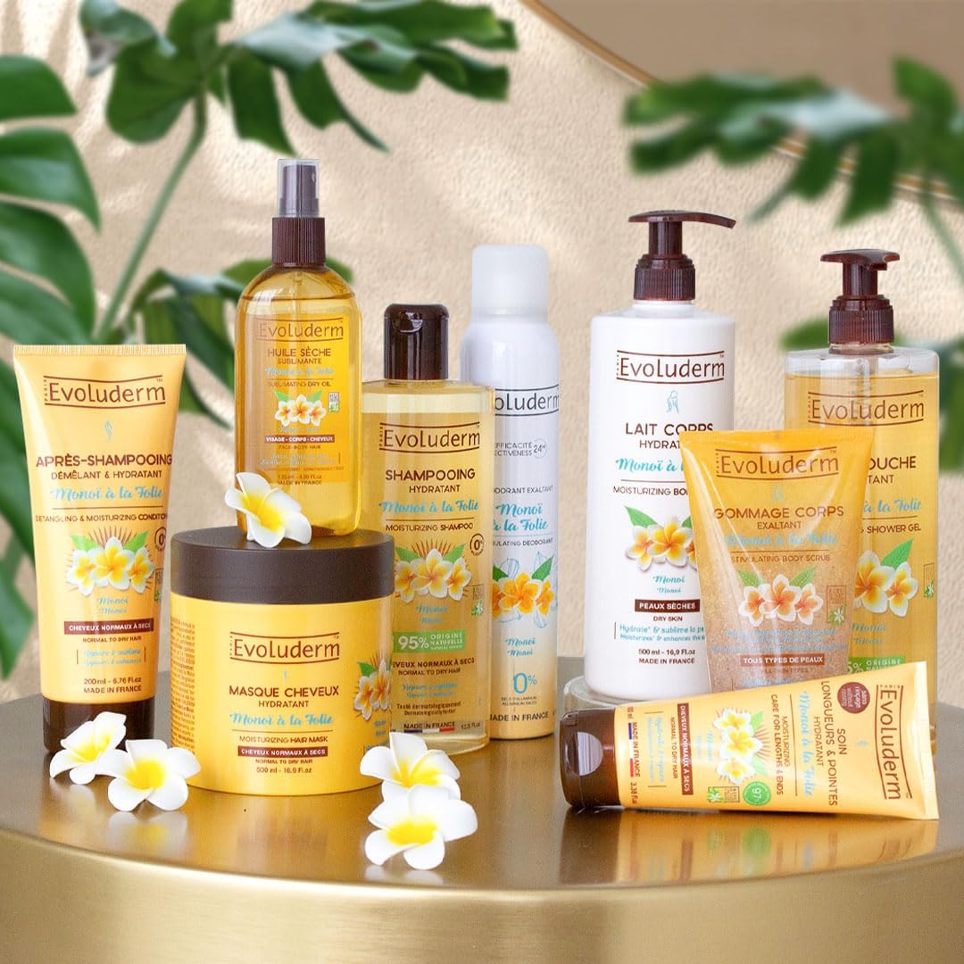 EVOLUDERM - Routine Hydratante 9 produits Corps & Cheveux + Brosse Offerte - Monoï à la Folie - Ingrédients d'Origine Naturelle - Végan - Fabrication Française